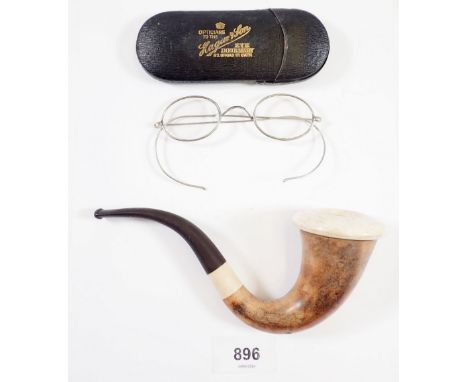 A meerschaum pipe and pair of Victorian white metal spectacles, cased 