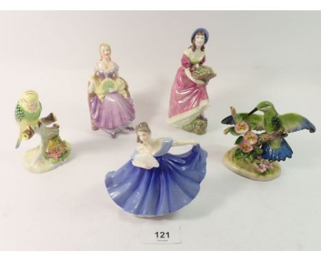 Two Royal Adderley bird groups, a Doulton figure of a woman and two Coalport figures of women , tallest 15cm 