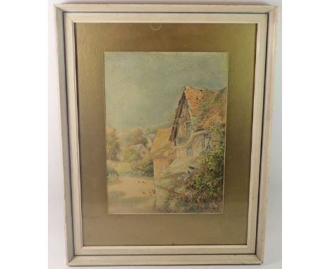 Charles Henry Clifford Baldwin (ex Royal Worcester artist) - watercolour cottages with chickens, 31 x 23cm 