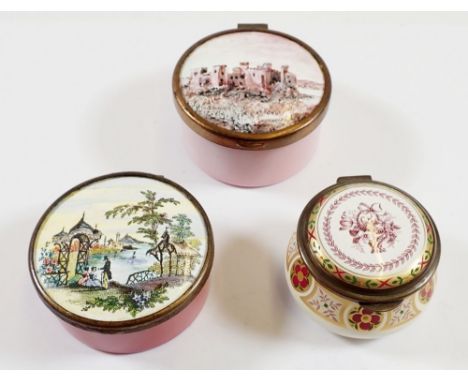 A Bilston enamel patch box and two other patch boxes 
