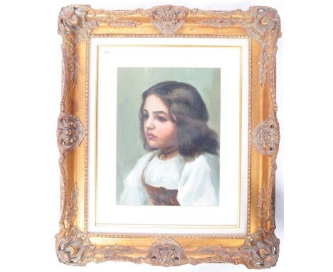 A 19th Century oil on canvas painting portrait study depicting a young lady / girl with short brown hair in white flocked dre