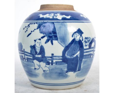 A 19th Century Chinese antique porcelain blue and white Qianlong mark ginger jar having hand painted scenes depicting figures