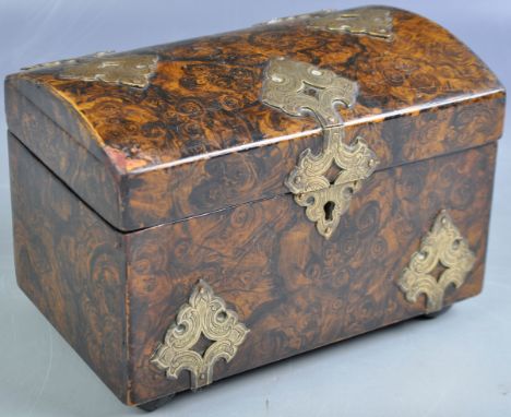 An antique 19th Century English papier mache tea caddy of typical form having painted simulated burr / burl wood grain. Sligh