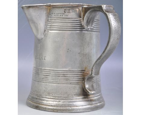 An antique 19th Century Victorian English pewter quart drinks measure spouted tankard by W R Loftus of Oxford Street London. 