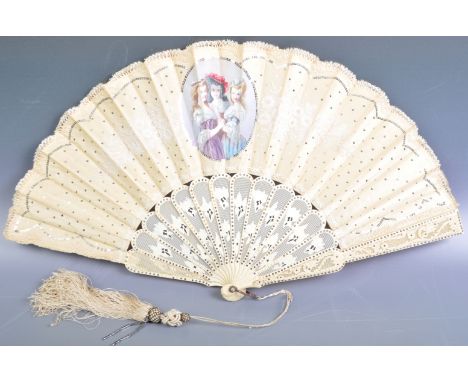 An antique early 19th Century Georgian hand painted ivory hand fan having intricate carved ivory panel blades with flowers an