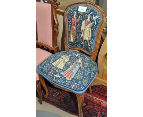 Tapestry upholstered beech framed bedroom chair and an inlaid side chair.