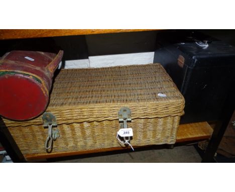 Vintage wicker picnic hamper, cased bowling balls and another case