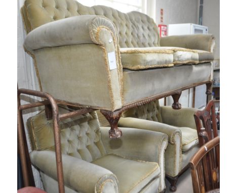 A button back upholstered 3-seater sofa and a pair of matching armchairs