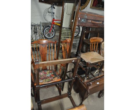 19th century mahogany pedestal table, stool, commode, swing mirror, leather suitcase, etc., (9)