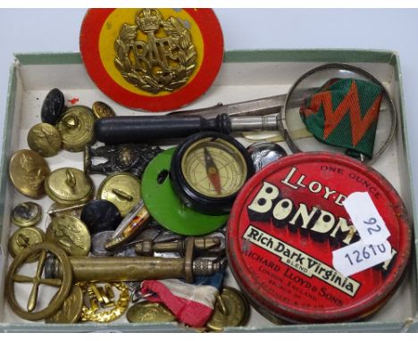 Military buttons and badges, compass, etc.