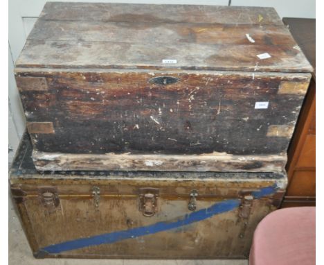 A pine blanket box and a vintage travelling trunk