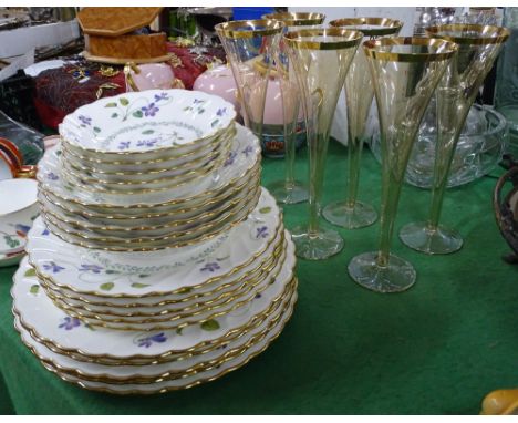 6 Gold rimmed glasses and Noritake violet dream plates and bowls.