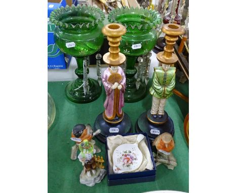 A pair of Antique painted green glass table lustres with arrow head drops.