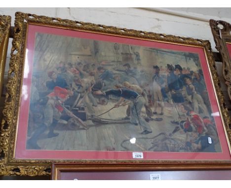 Coloured print, Nelson on the Quarterdeck, framed, width 90cm