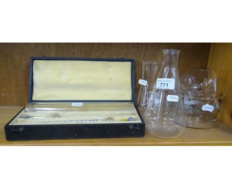 Cased thermometers and flask by George & Becker, glass laboratory flasks, etc.