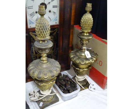 Pair of brass table lamps and a box of stair carpet clips