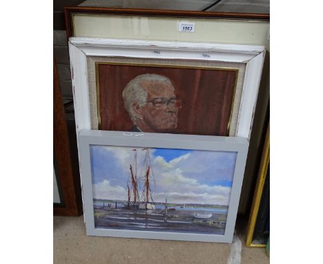 Pastels, fishing boats at Rye, oil on panel, portrait, and Djacmi, horses in a meadow