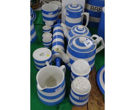 T G Green blue and white Cornishware rolling pin, teapots, etc., with green shield back stamps.