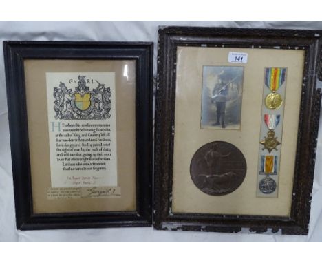 A framed set of First World War medals and death plaque for Rupert Harold Keen, Oxford &amp; Buckinghamshire Light Infantry, 