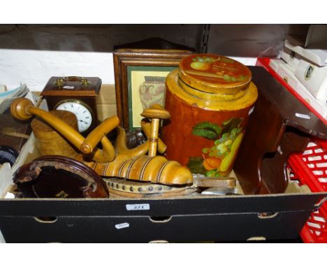 Painted caddy, hooks, clock, etc.