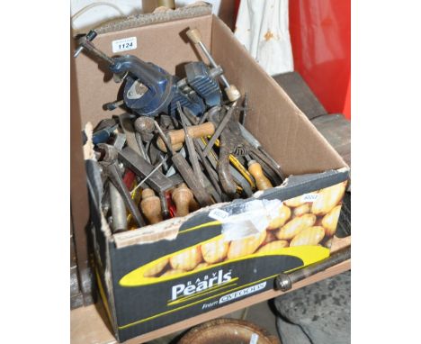 Box of various tools and 2 vices