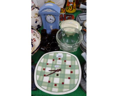 T G Green gingham wall clock, Marmite jars, Wedgwood clock, etc.