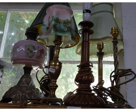 Oil lamp, table lamp with glass shade and 4 others