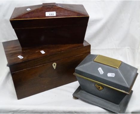 A sarcophagus tea caddy, 19th century rosewood box and a brass mounted metal casket.