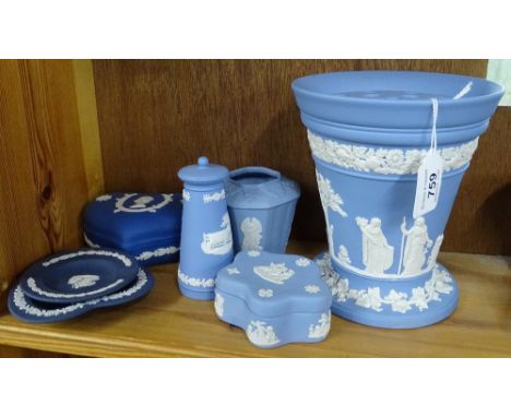 Wedgwood blue Jasperware Cow & Gate churn, large vase with arranger, etc.