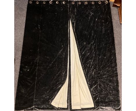 A pair of lined charcoal/granite-colour velvet curtains,  bespoke-made with eyelet tops, 244cm drop x 180cm width. 