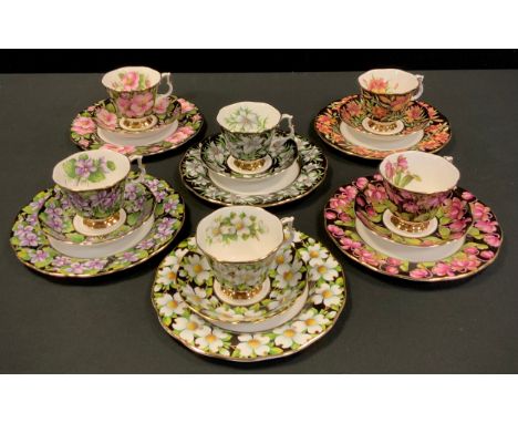 A Royal Albert Provincial Flowers pattern six setting tea set, each trio in a different pattern, inc Pitcher plant, Dogwood, 