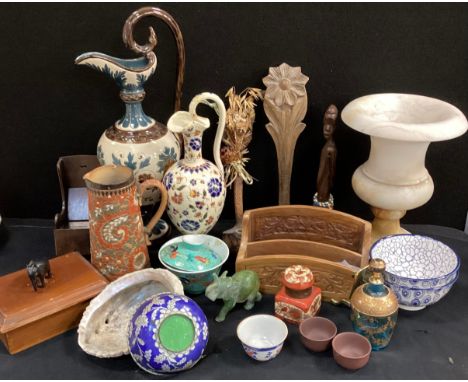 Boxes and Objects - A marble urn, 26cm, cloisonné bowl, 11cm dia, treen including African figure, novelty money box of a comm