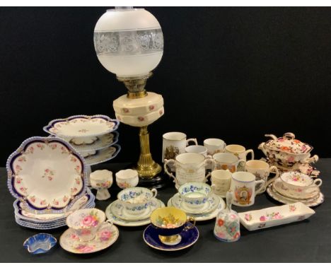 Ceramics - A English dessert set decorated with flowers,c.1915, a pair of Royal Worcester tea cup trios, Masons soup tureen w