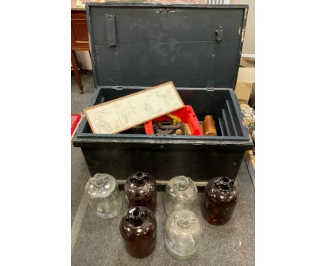 Tools -  a painted pine tool chest,  assorted hand tools, clamps, bearing puller, chisels, brown and clear glass Demijohns et