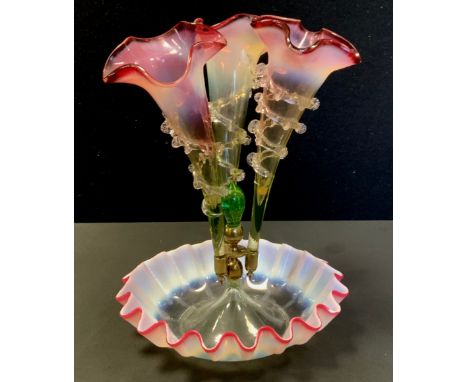 A Victorian Cranberry and Vaseline glass three-branch Epergne, wavy-edge circular base, 31.5cm high x 24cm wide. 