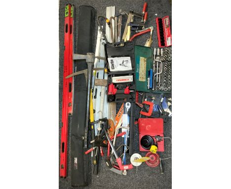 Tools - Clarke air nail gun, various clamps, F clamps, quick release, spirit levels, hand saws, impact driver; etc. 