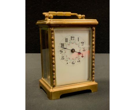 A 20th century Harrods retailed French time piece carriage clock, white dial with floral detailing. black Arabic numerals, 14