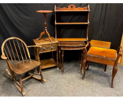 An Ercol Elm and beech wood rocking chair, c.1960;  a small elm wall shelf;  oak side cabinet;  etc, (8). 