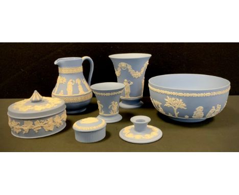 A Wedgwood powder blue jasperware fruit bowl,  jug, vase, covered powder bowl,  trinket box etc, (7) 