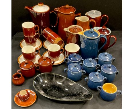 A Poole brown fringe pattern coffee set for six; other pottery includes Denby blue glaze coffee pot, conforming six condiment