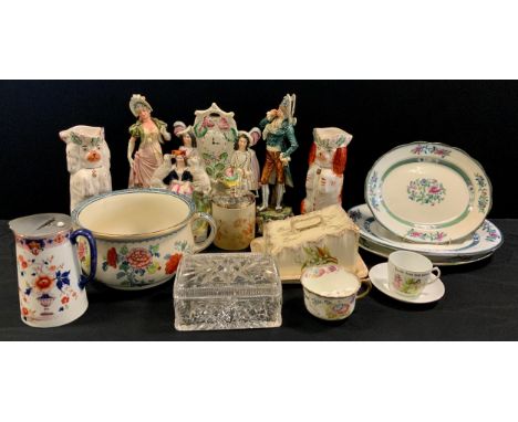 Ceramics - Staffordshire flatback clock tower, another, two begging dog jugs, other Victorian ceramics including meat dishes,