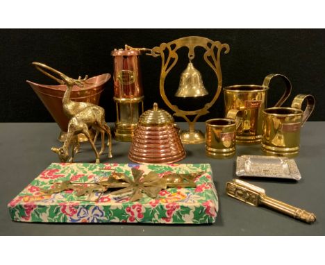 A Hockley Company Colliery Paraffin lamp; Two Brass Reindeers; A Brass bell and ornamental stand; etc . 