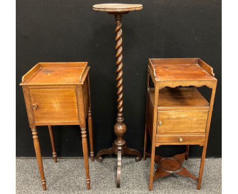 A 19th century mahogany pot cupboard, three quarter galleried top, above a shelf, and small cupboard, pot-board stretcher;  a