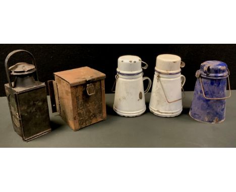 Railwayana - a BR 8603 hand lamp, honesty box,  enamelled coffee pots with cup lids etc 