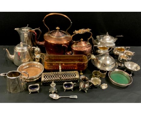 Plated ware - A three piece Walker and Hall tea service, a Walker and Hall coffee pot, two copper kettles, copper trough, cru