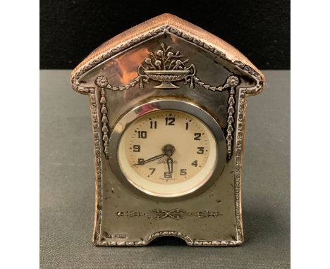 A silver mounted mantel clock, German movement, Birmingham, 1908, 13cm high 