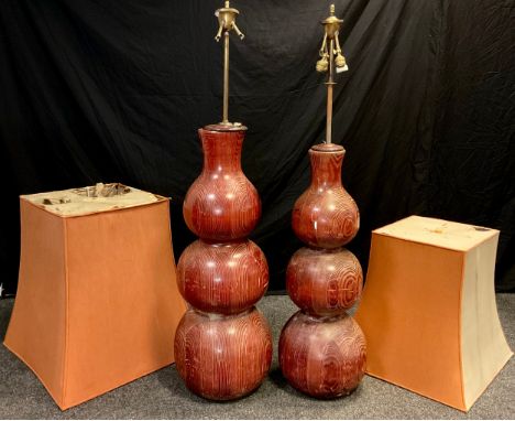 An impressive, mid-century, Canadian Triple gourd shaped floor-standing lamp, turned Canadian Redwood, the base standing 110c