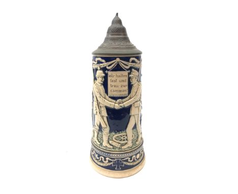 WW1 German relief moulded stein 'Wir halten fest und treu zusammen!' translated to We firmly and faithfully stick together, H