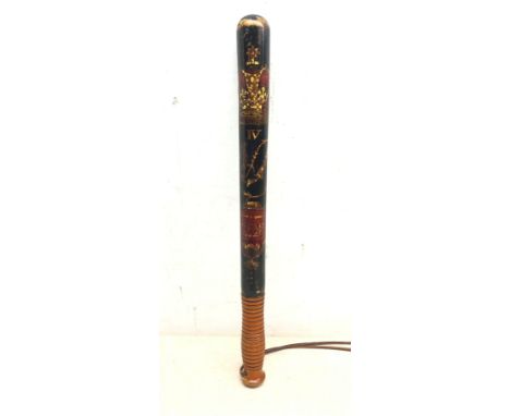William 1V Police truncheon, polychrome painted with Royal Cypher and Constable, ribbed handle with leather strap, L45.5cm Co
