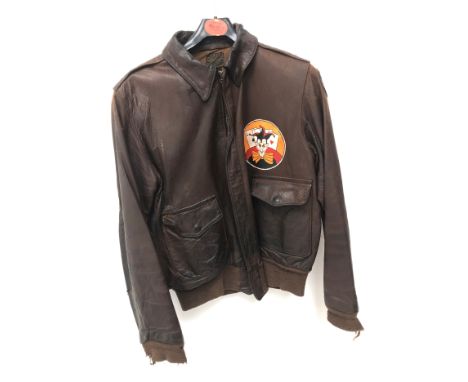 WW2 US Air Force brown leather flying jacket, back painted 'Liberty Belle', labelled Type A-2 Drawing No.30-1415, Contract No